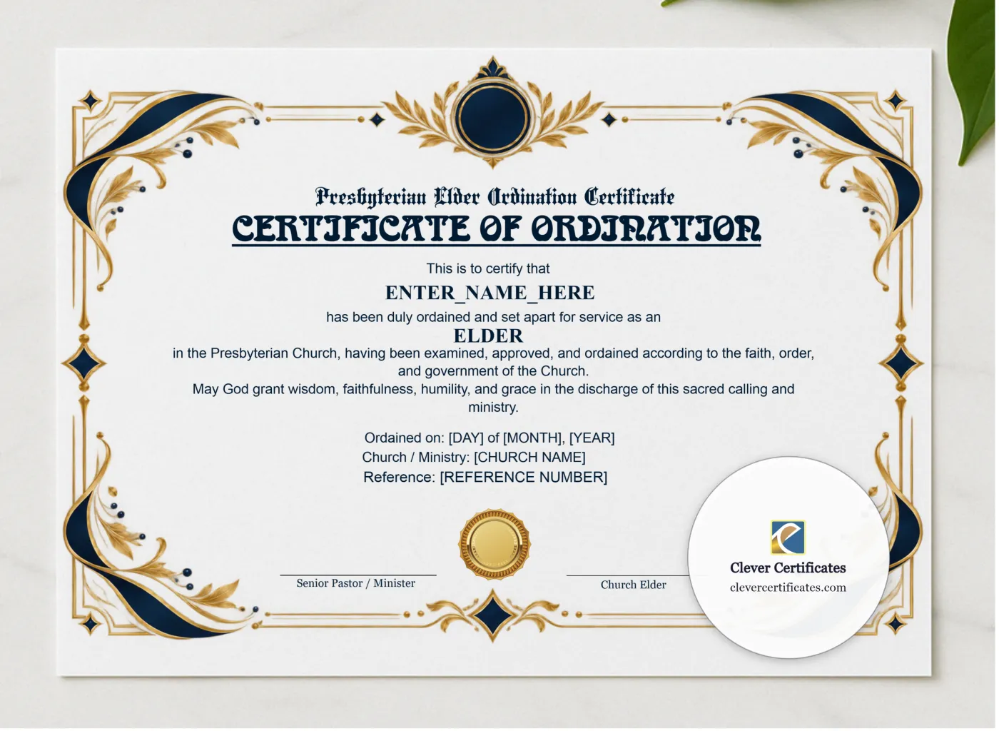 Presbyterian Elder Ordination Certificate Landscape presented in a sleek wooden frame, elegantly arranged on a stylish table.