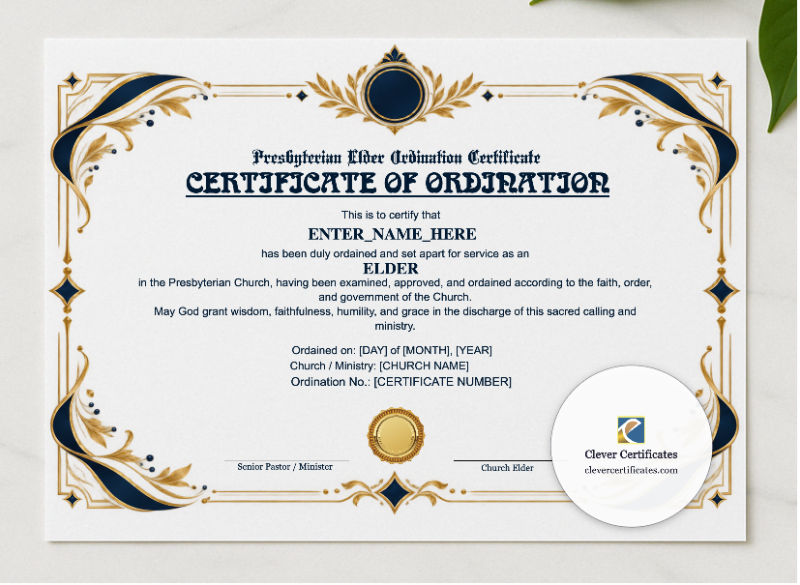 Presbyterian Elder Ordination Certificate Landscape presented in a sleek wooden frame, elegantly arranged on a stylish table.