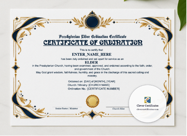 Presbyterian Elder Ordination Certificate Landscape presented in a sleek wooden frame, elegantly arranged on a stylish table.