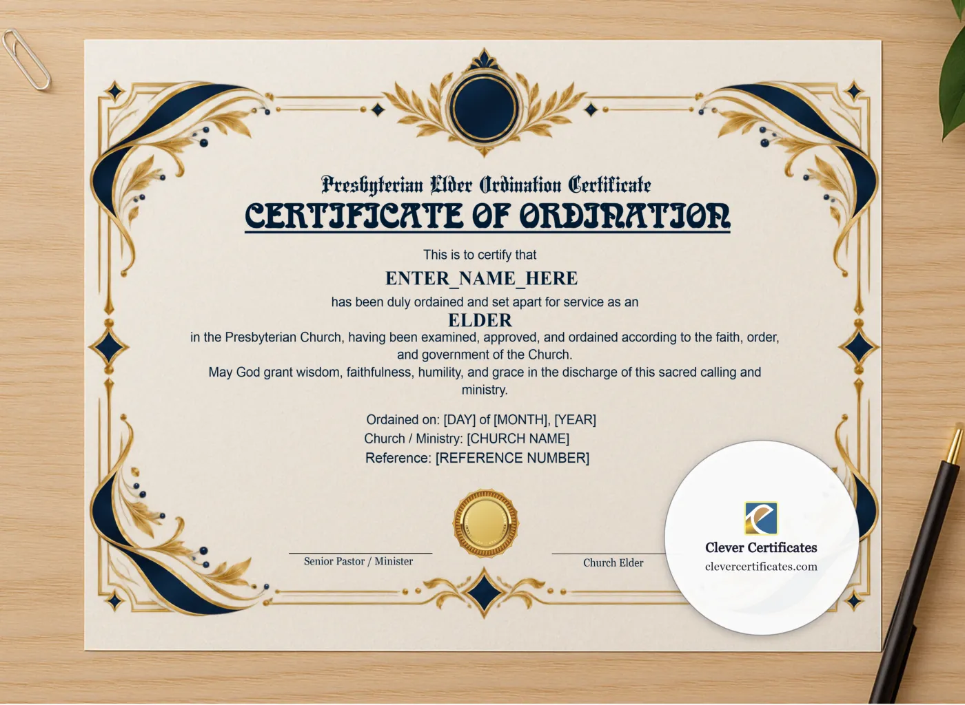 Professional preview of Presbyterian Elder Ordination Certificate Landscape certificate on high-quality stationery paper, ideal for showcasing the final look.