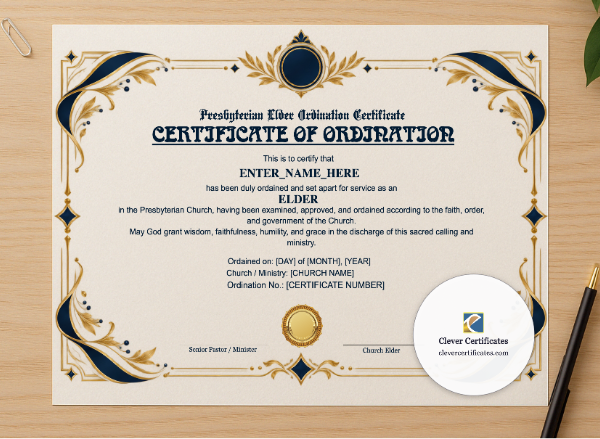 Professional preview of Presbyterian Elder Ordination Certificate Landscape certificate on high-quality stationery paper, ideal for showcasing the final look.