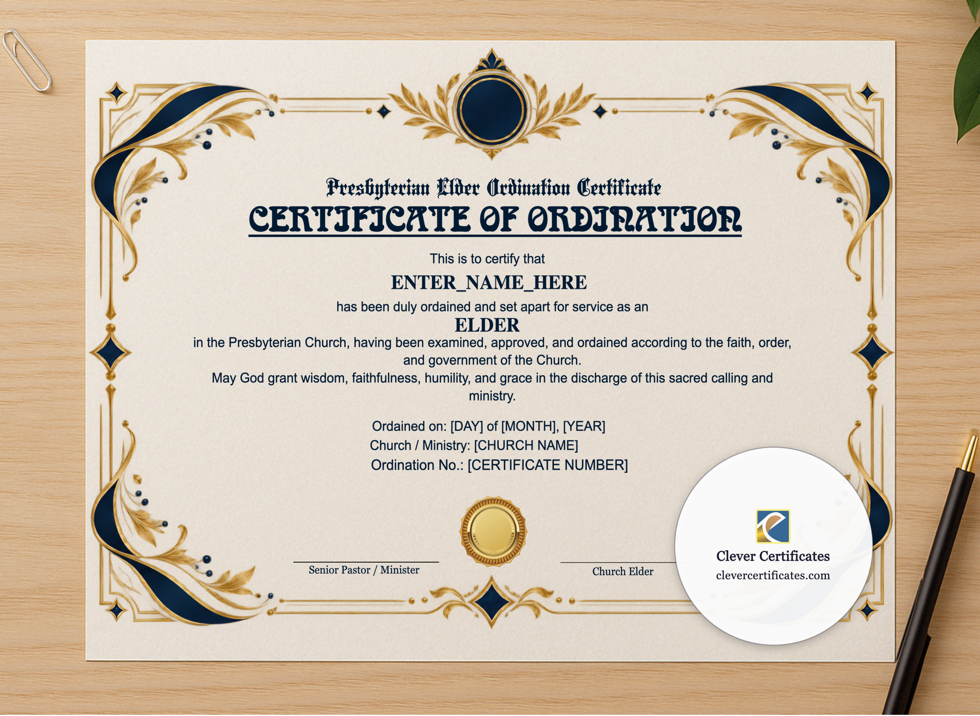 Professional preview of Presbyterian Elder Ordination Certificate Landscape certificate on high-quality stationery paper, ideal for showcasing the final look.