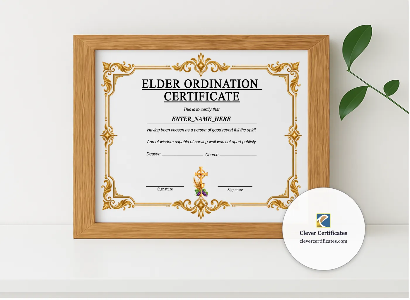 Realistic mockup featuring Baptist Church Elder Ordination Certificate Landscape displayed within a modern frame, set against a minimalistic background.