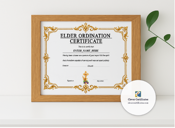Realistic mockup featuring Baptist Church Elder Ordination Certificate Landscape displayed within a modern frame, set against a minimalistic background.