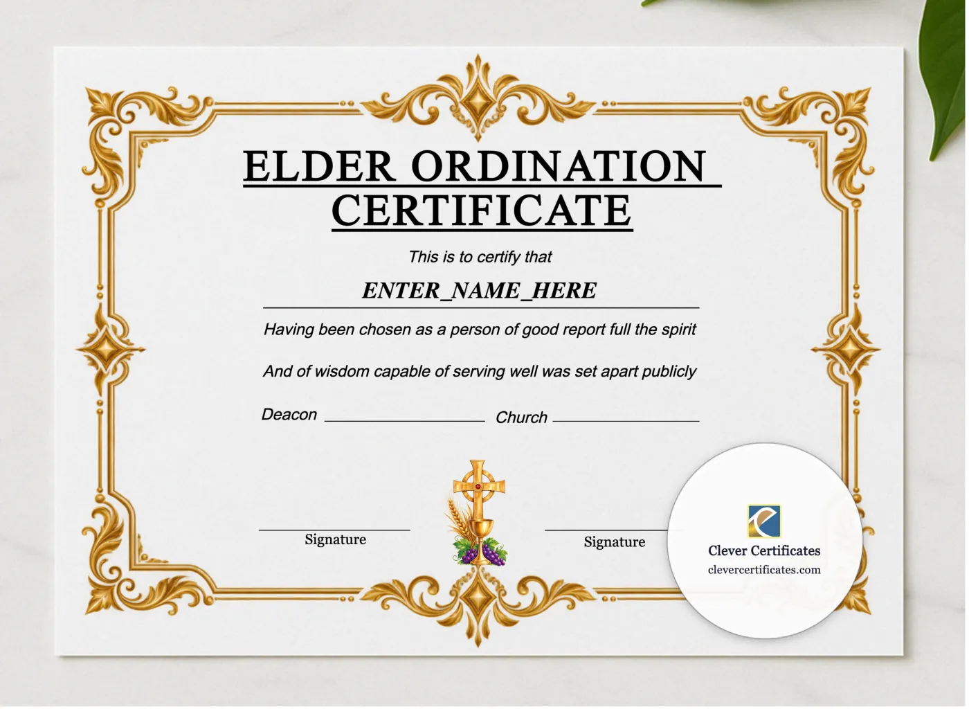 Baptist Church Elder Ordination Certificate Landscape presented in a sleek wooden frame, elegantly arranged on a stylish table.