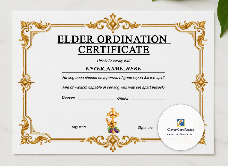 Baptist Church Elder Ordination Certificate Landscape presented in a sleek wooden frame, elegantly arranged on a stylish table.