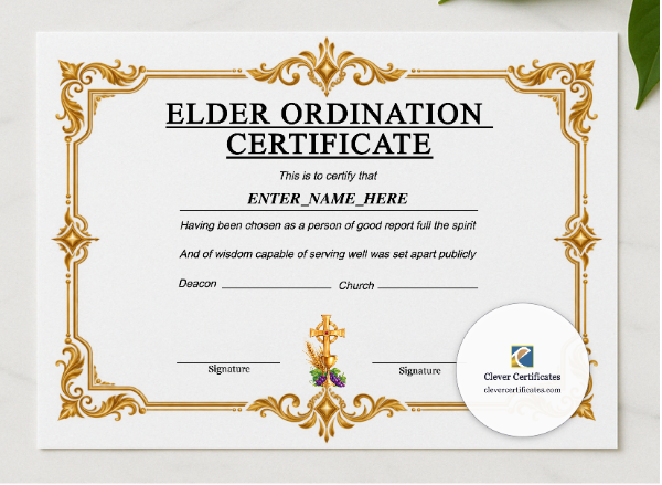 Baptist Church Elder Ordination Certificate Landscape presented in a sleek wooden frame, elegantly arranged on a stylish table.