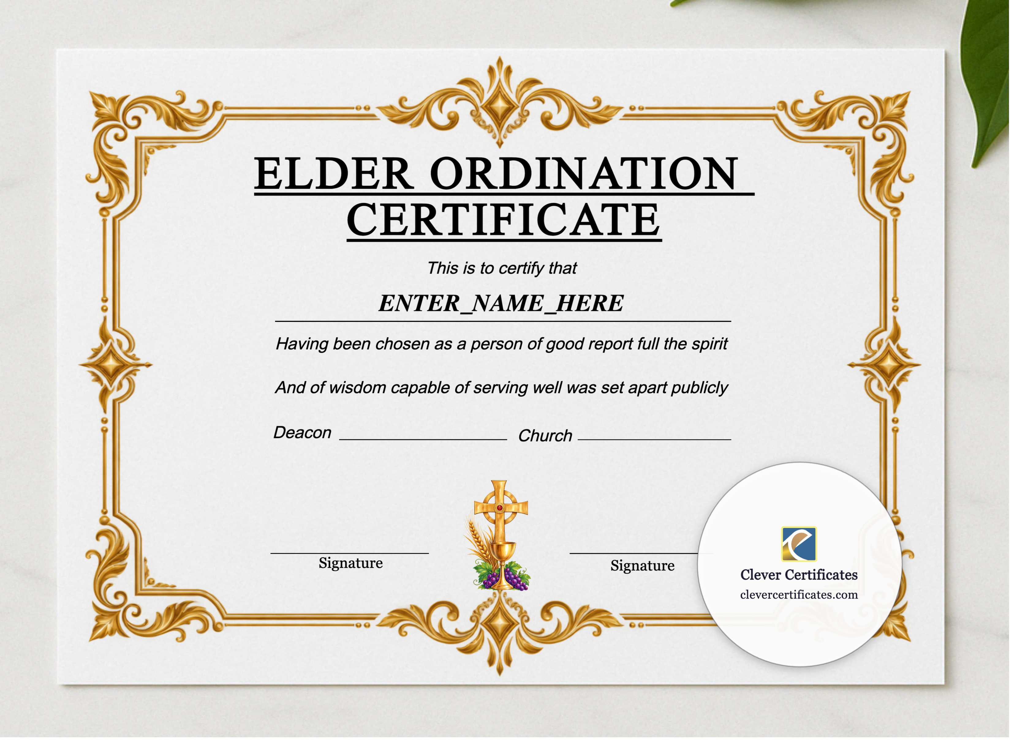 Baptist Church Elder Ordination Certificate Landscape presented in a sleek wooden frame, elegantly arranged on a stylish table.