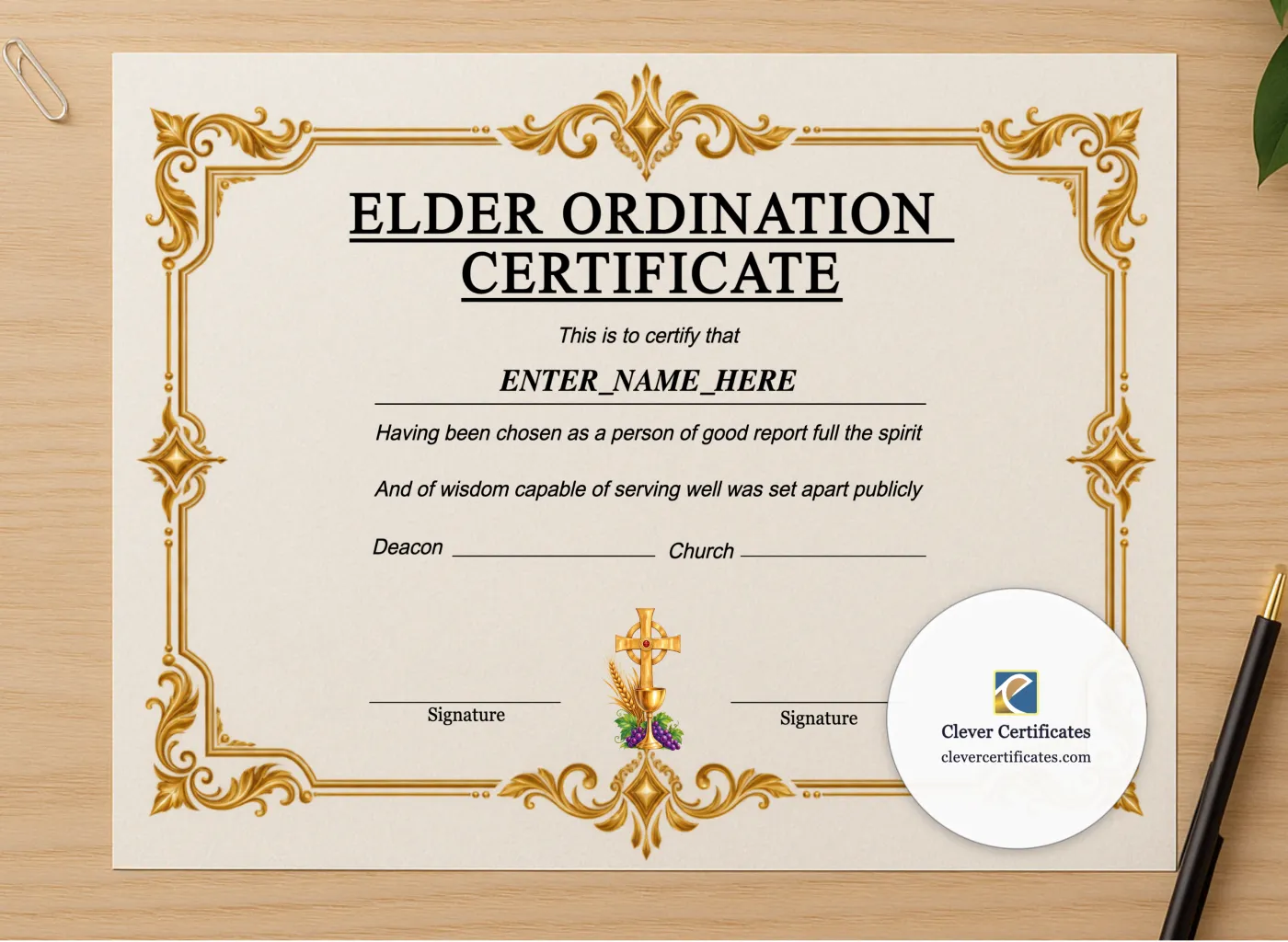 Professional preview of Baptist Church Elder Ordination Certificate Landscape certificate on high-quality stationery paper, ideal for showcasing the final look.