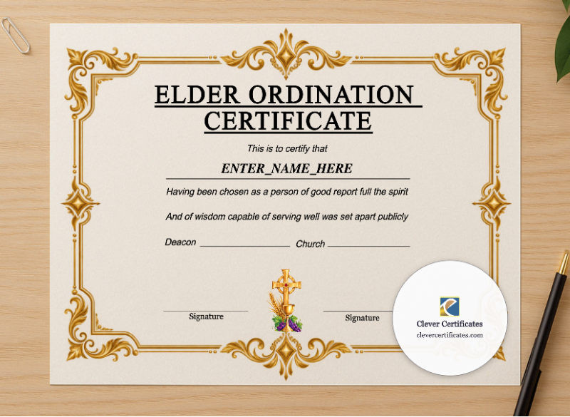 Professional preview of Baptist Church Elder Ordination Certificate Landscape certificate on high-quality stationery paper, ideal for showcasing the final look.