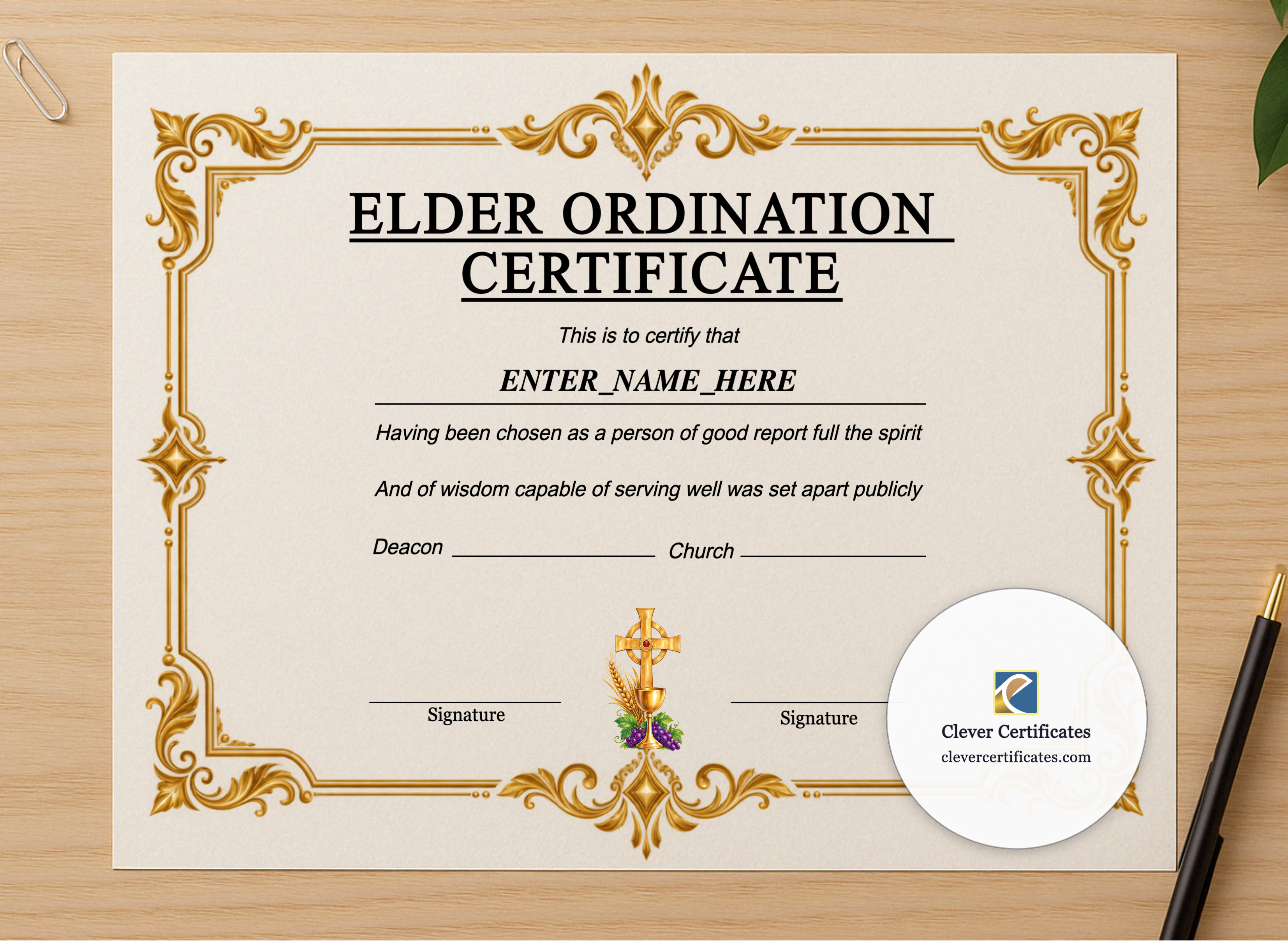 Professional preview of Baptist Church Elder Ordination Certificate Landscape certificate on high-quality stationery paper, ideal for showcasing the final look.