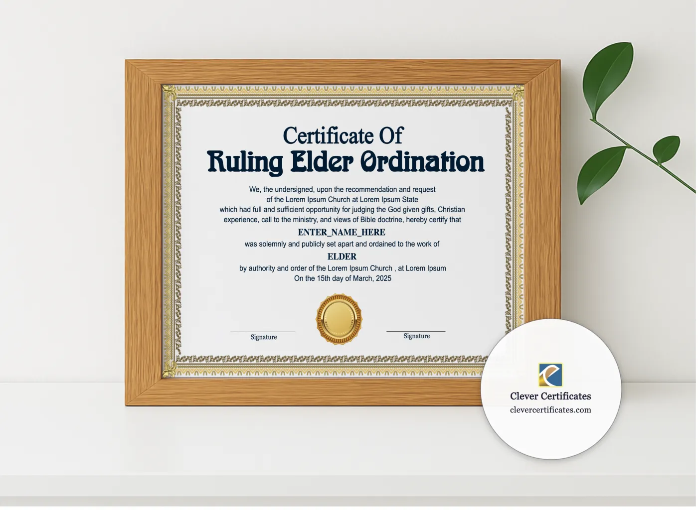 Realistic mockup featuring Ruling Elder Ordination Certificate Landscape displayed within a modern frame, set against a minimalistic background.