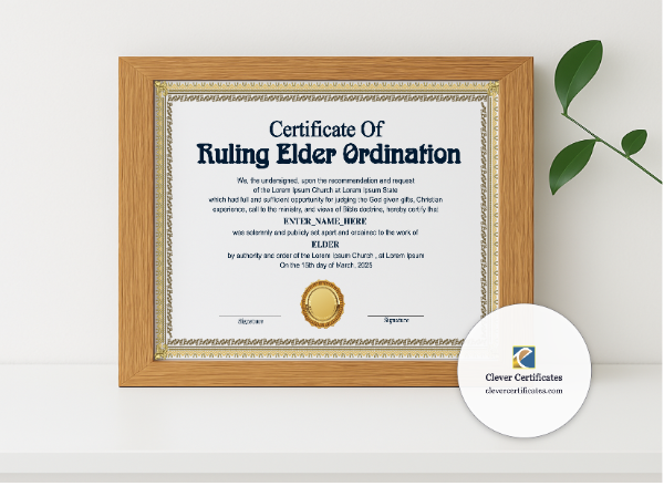 Realistic mockup featuring Ruling Elder Ordination Certificate Landscape displayed within a modern frame, set against a minimalistic background.