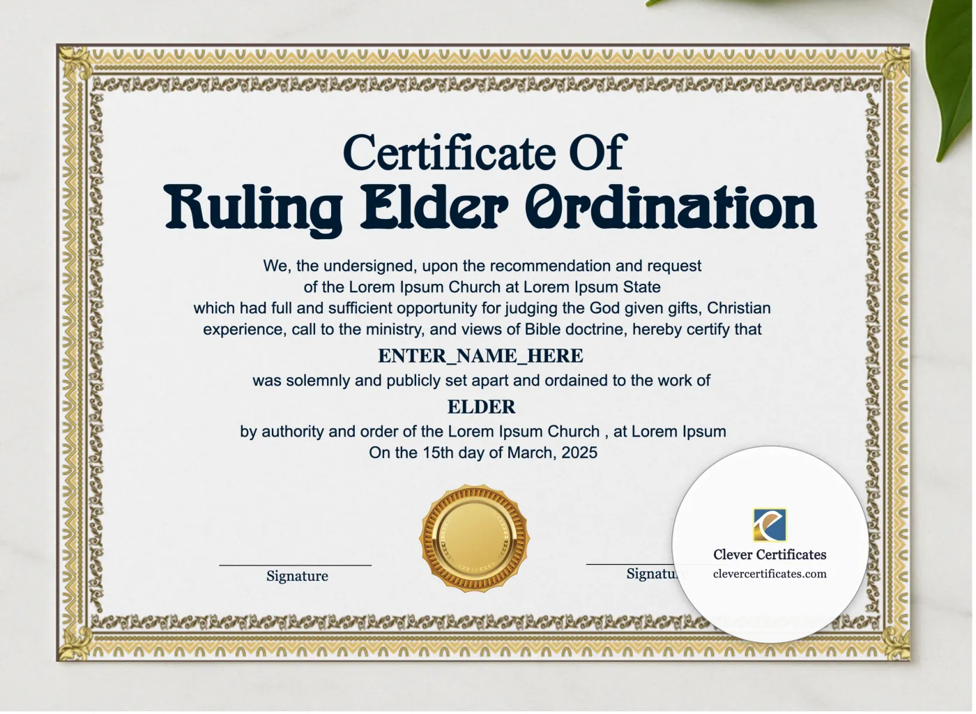 Ruling Elder Ordination Certificate Landscape presented in a sleek wooden frame, elegantly arranged on a stylish table.