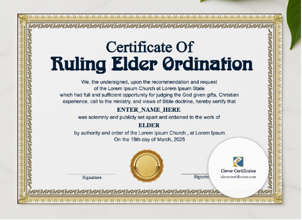 Ruling Elder Ordination Certificate Landscape presented in a sleek wooden frame, elegantly arranged on a stylish table.
