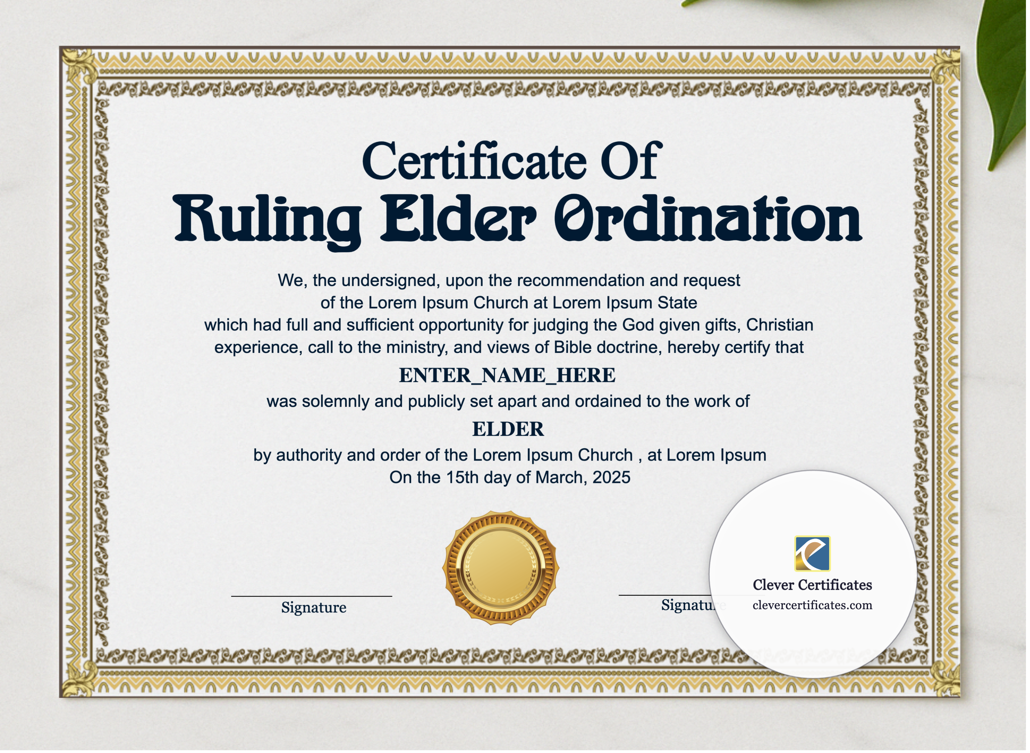 Ruling Elder Ordination Certificate Landscape presented in a sleek wooden frame, elegantly arranged on a stylish table.