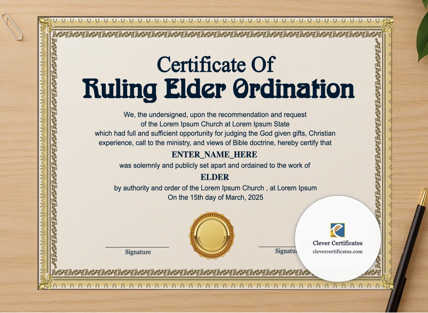 Professional preview of Ruling Elder Ordination Certificate Landscape certificate on high-quality stationery paper, ideal for showcasing the final look.