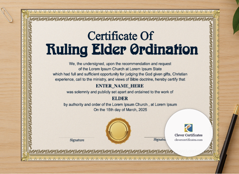 Professional preview of Ruling Elder Ordination Certificate Landscape certificate on high-quality stationery paper, ideal for showcasing the final look.
