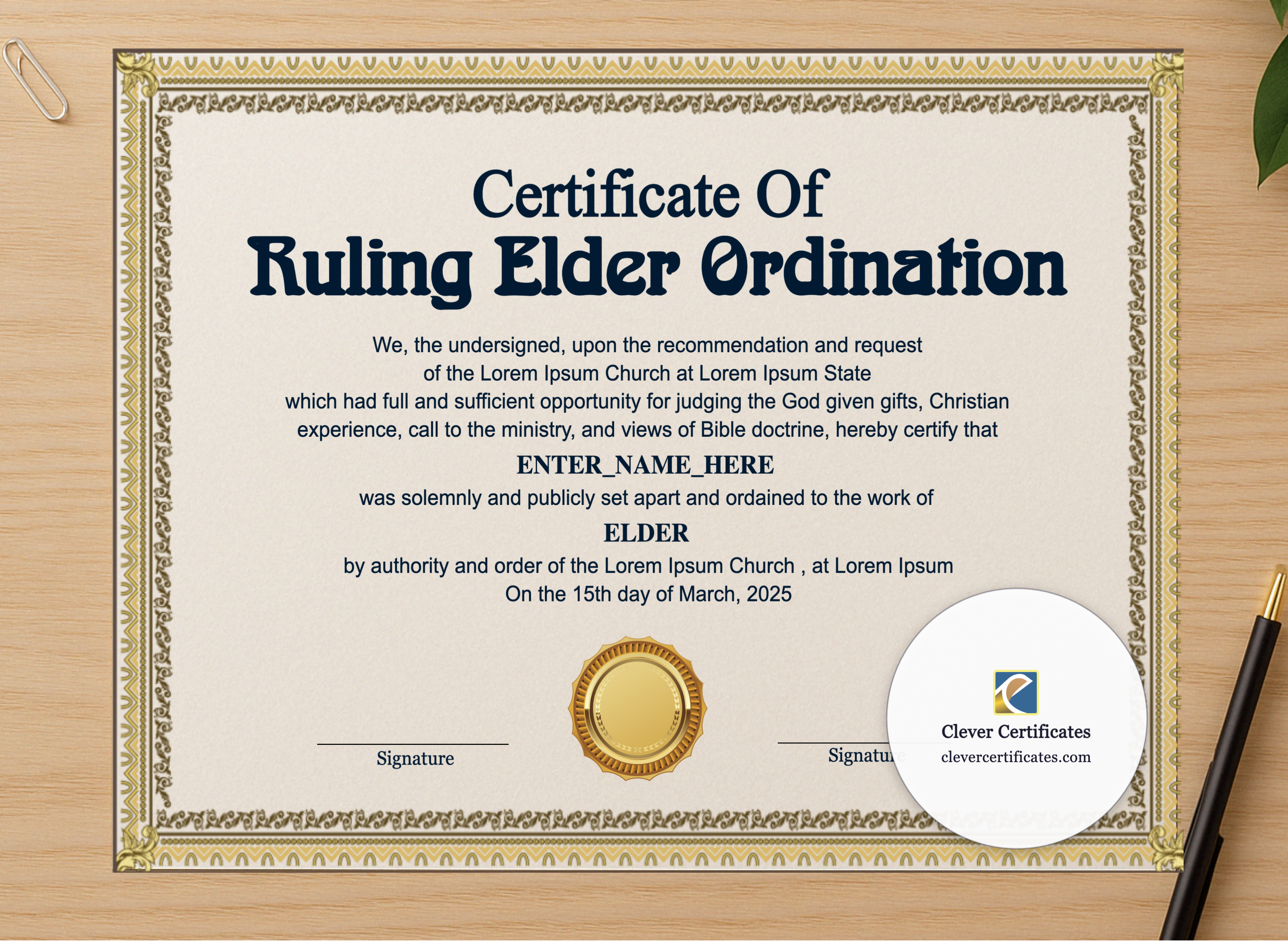 Professional preview of Ruling Elder Ordination Certificate Landscape certificate on high-quality stationery paper, ideal for showcasing the final look.