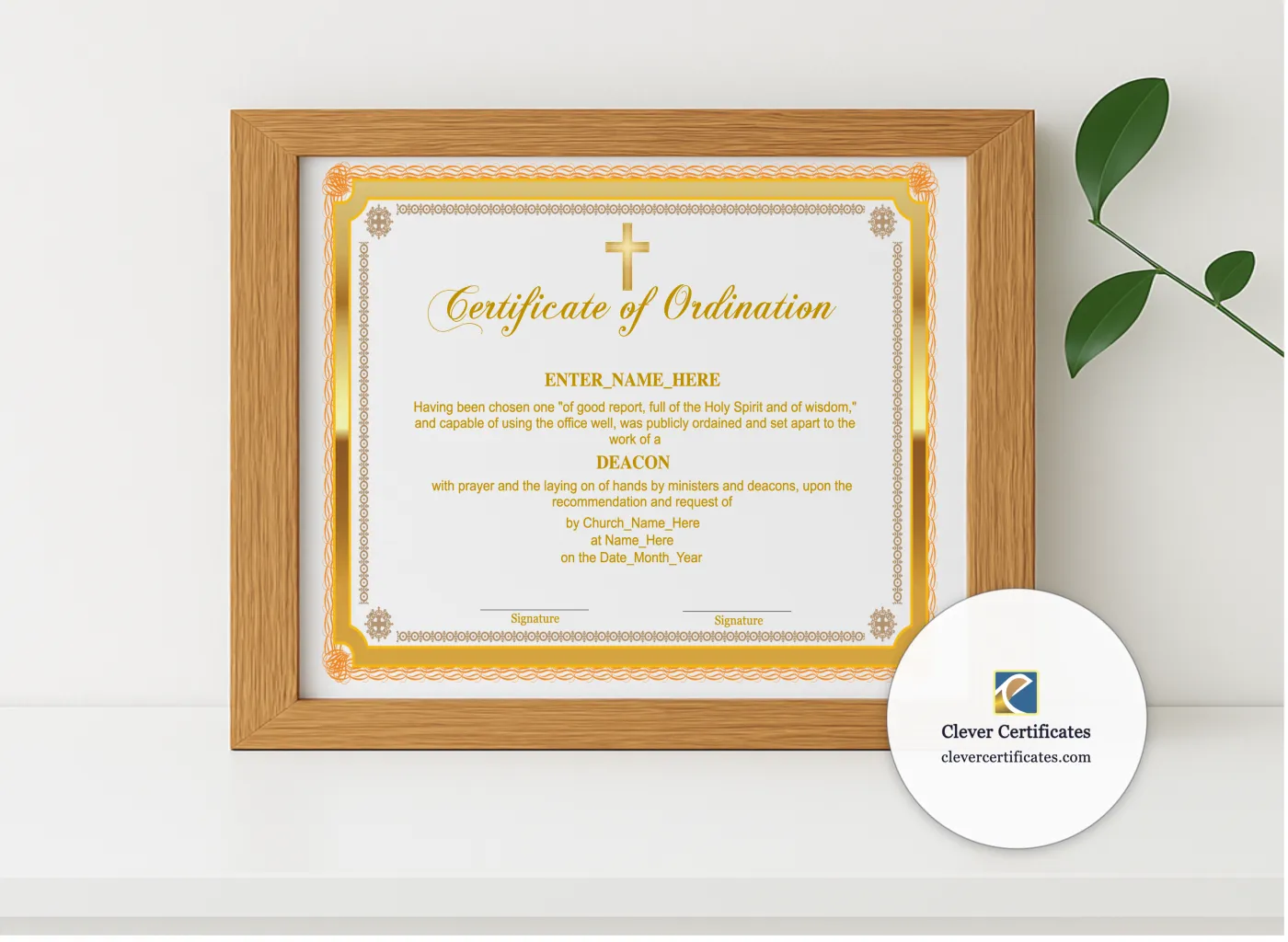 Realistic mockup featuring Chaplain Ordination Certificate Landscape displayed within a modern frame, set against a minimalistic background.