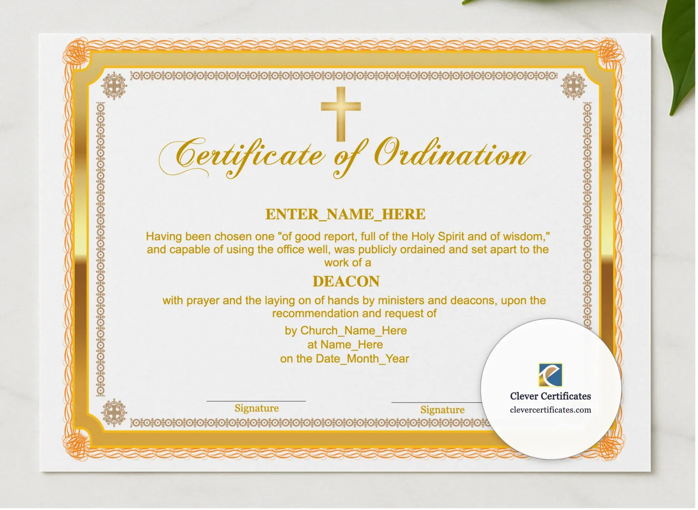 Chaplain Ordination Certificate Landscape presented in a sleek wooden frame, elegantly arranged on a stylish table.