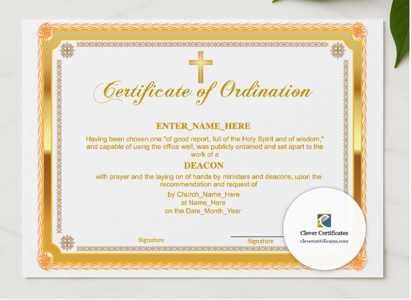 Chaplain Ordination Certificate Landscape presented in a sleek wooden frame, elegantly arranged on a stylish table.