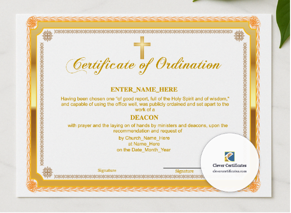 Chaplain Ordination Certificate Landscape presented in a sleek wooden frame, elegantly arranged on a stylish table.