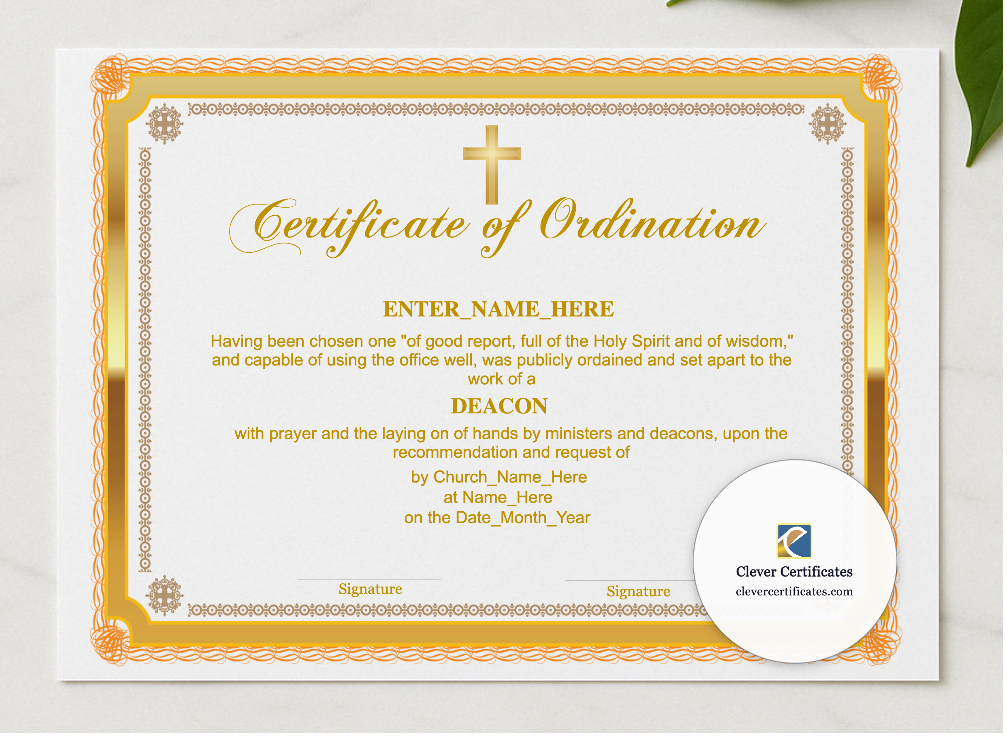 Chaplain Ordination Certificate Landscape presented in a sleek wooden frame, elegantly arranged on a stylish table.