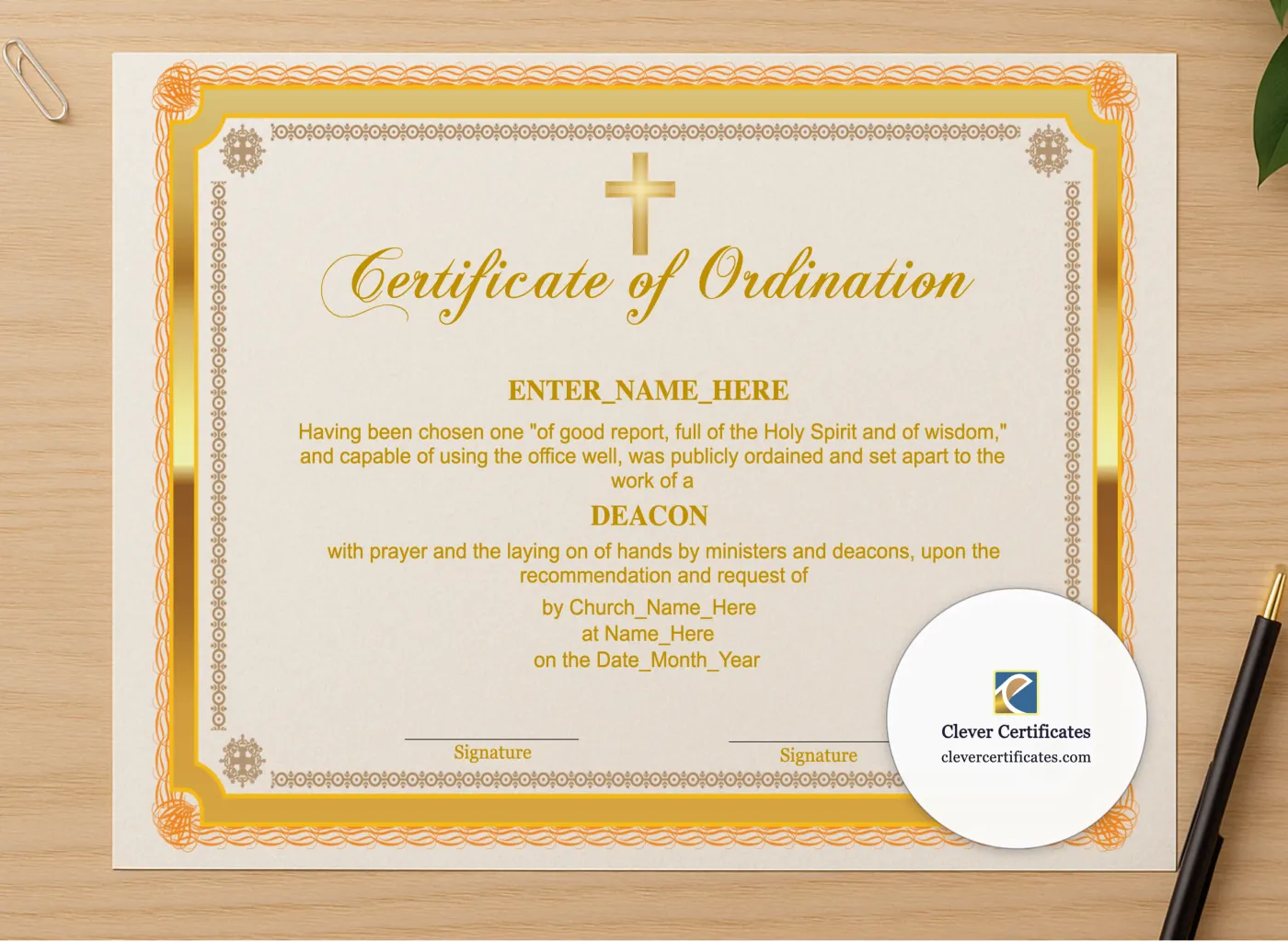 Professional preview of Chaplain Ordination Certificate Landscape certificate on high-quality stationery paper, ideal for showcasing the final look.
