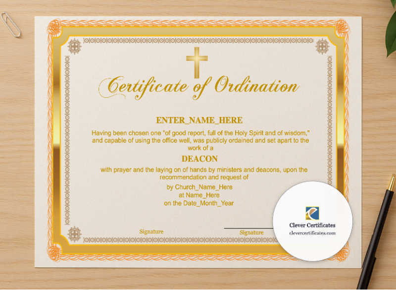 Professional preview of Chaplain Ordination Certificate Landscape certificate on high-quality stationery paper, ideal for showcasing the final look.