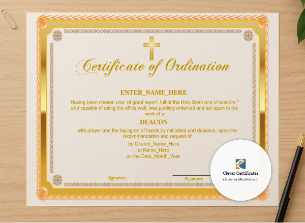 Professional preview of Chaplain Ordination Certificate Landscape certificate on high-quality stationery paper, ideal for showcasing the final look.