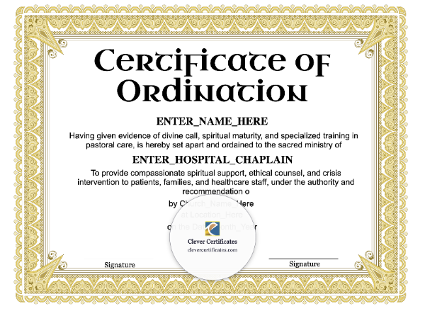 Hospital Chaplain Ordination Certificate · Landscape