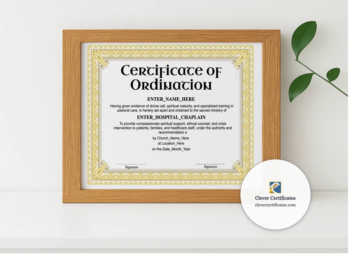 Realistic mockup featuring Hospital Chaplain Ordination Certificate Landscape displayed within a modern frame, set against a minimalistic background.