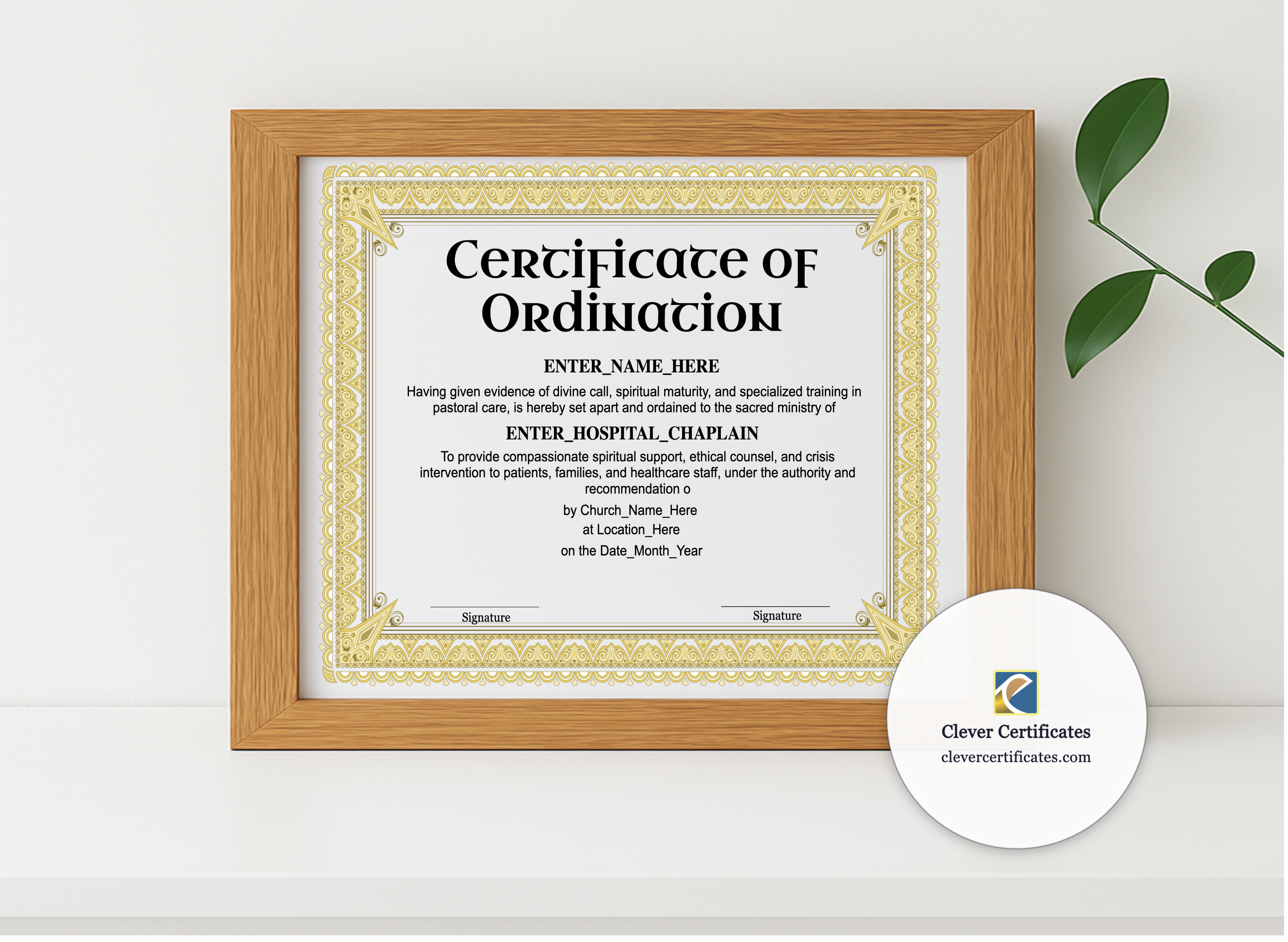 Realistic mockup featuring Hospital Chaplain Ordination Certificate Landscape displayed within a modern frame, set against a minimalistic background.