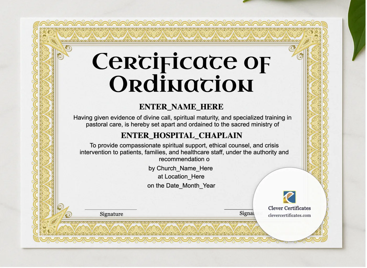 Hospital Chaplain Ordination Certificate Landscape presented in a sleek wooden frame, elegantly arranged on a stylish table.