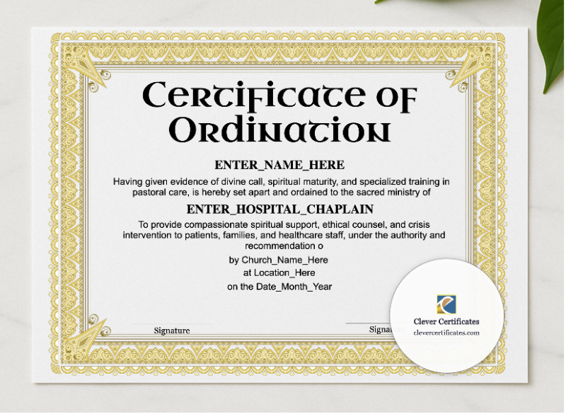 Hospital Chaplain Ordination Certificate Landscape presented in a sleek wooden frame, elegantly arranged on a stylish table.