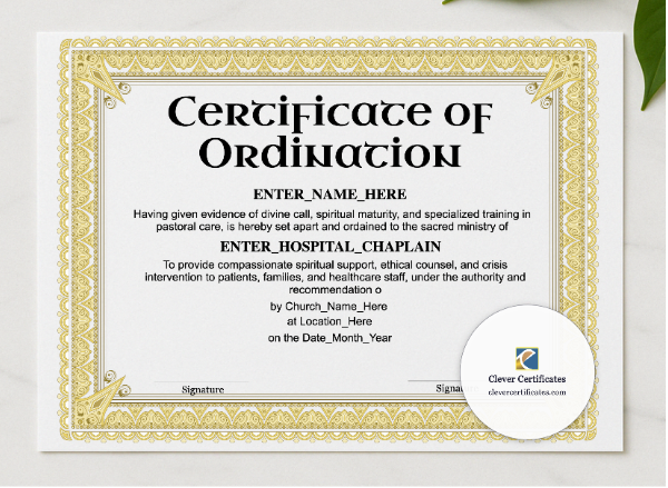 Hospital Chaplain Ordination Certificate Landscape presented in a sleek wooden frame, elegantly arranged on a stylish table.