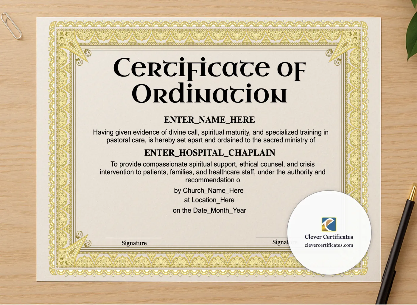 Professional preview of Hospital Chaplain Ordination Certificate Landscape certificate on high-quality stationery paper, ideal for showcasing the final look.