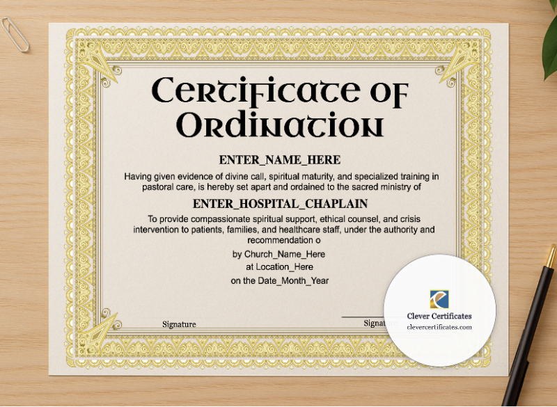 Professional preview of Hospital Chaplain Ordination Certificate Landscape certificate on high-quality stationery paper, ideal for showcasing the final look.