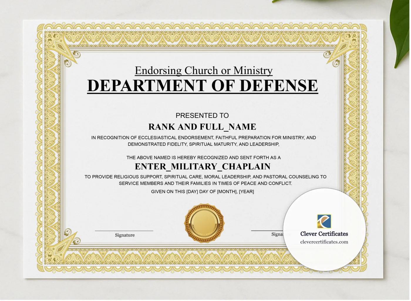 Military Chaplain Certificate Landscape presented in a sleek wooden frame, elegantly arranged on a stylish table.