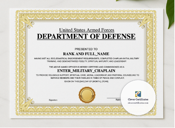 Military Chaplain Certificate Landscape presented in a sleek wooden frame, elegantly arranged on a stylish table.