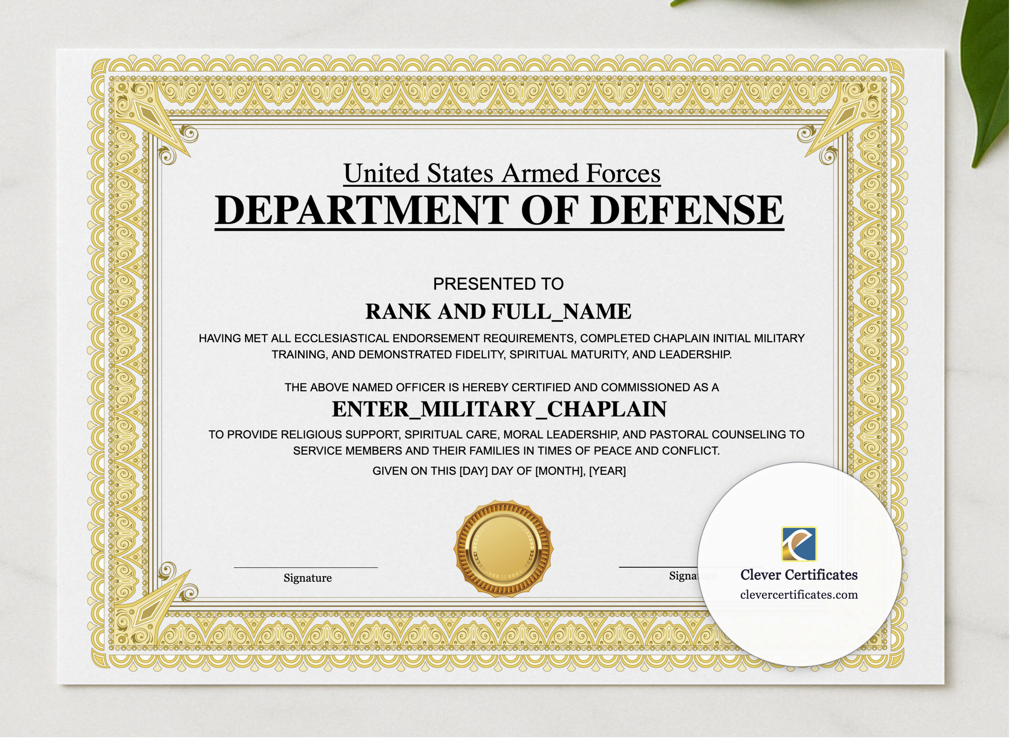 Military Chaplain Certificate Landscape presented in a sleek wooden frame, elegantly arranged on a stylish table.