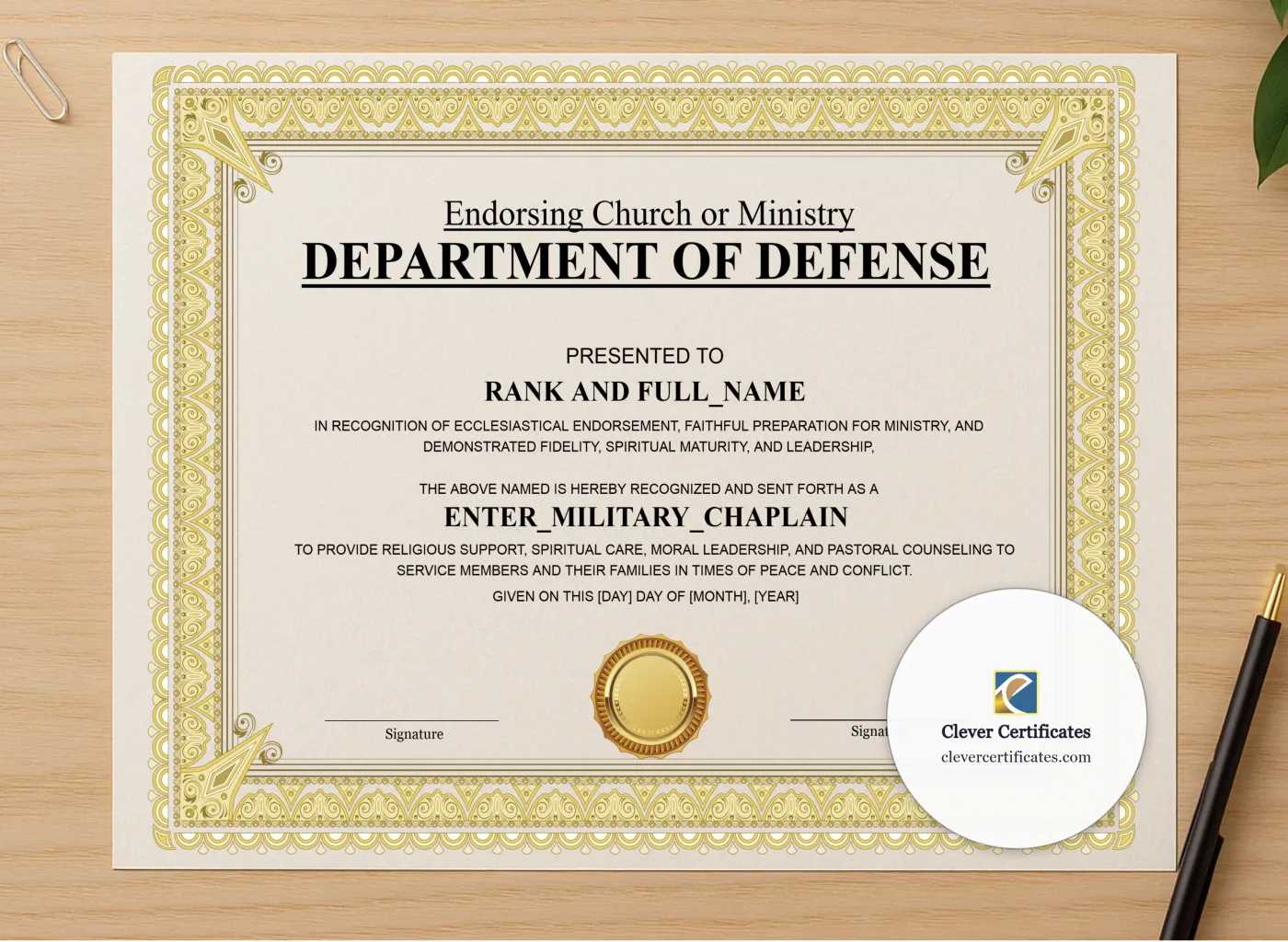 Professional preview of Military Chaplain Certificate Landscape certificate on high-quality stationery paper, ideal for showcasing the final look.