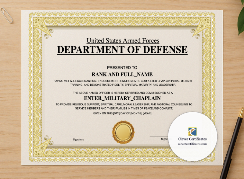 Professional preview of Military Chaplain Certificate Landscape certificate on high-quality stationery paper, ideal for showcasing the final look.