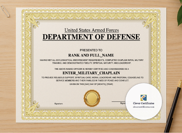 Professional preview of Military Chaplain Certificate Landscape certificate on high-quality stationery paper, ideal for showcasing the final look.