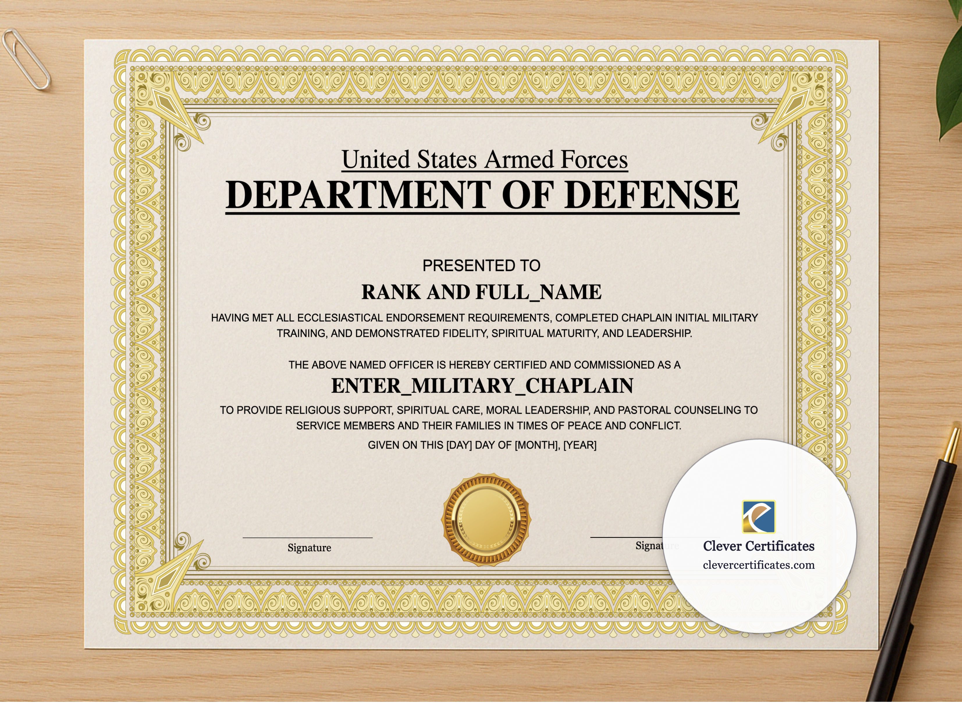 Professional preview of Military Chaplain Certificate Landscape certificate on high-quality stationery paper, ideal for showcasing the final look.