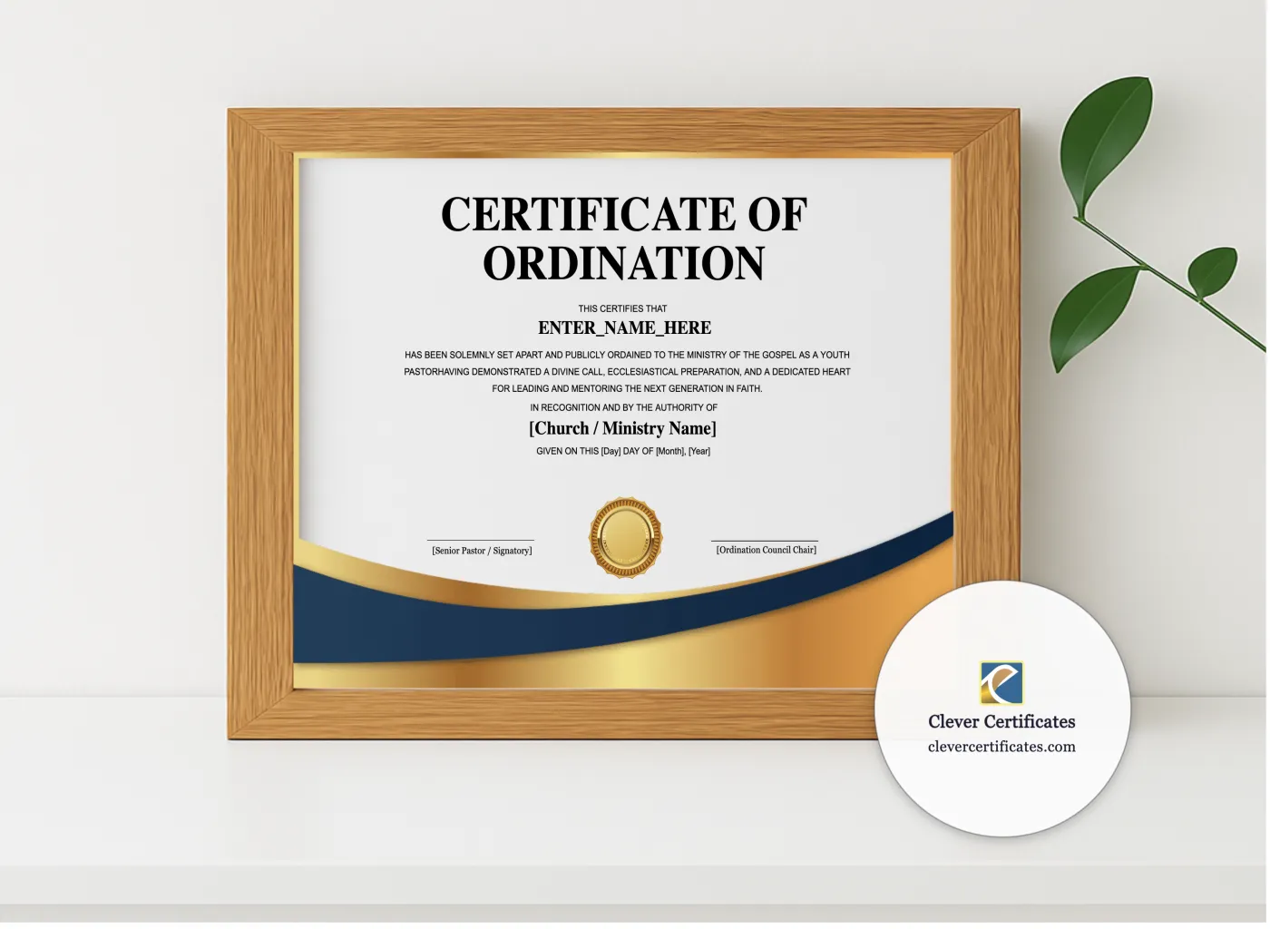 Realistic mockup featuring Youth Pastor Ordination Certificate Landscape displayed within a modern frame, set against a minimalistic background.
