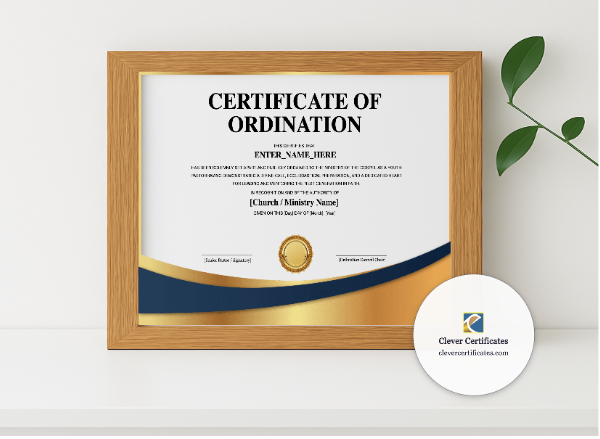 Realistic mockup featuring Youth Pastor Ordination Certificate Landscape displayed within a modern frame, set against a minimalistic background.