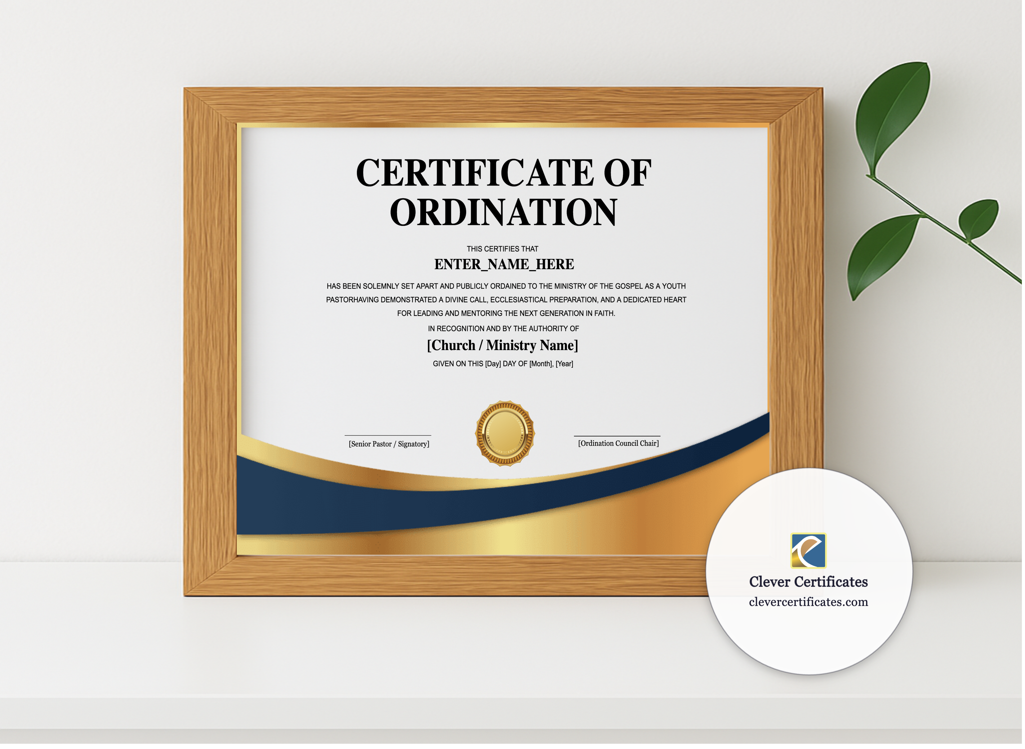Realistic mockup featuring Youth Pastor Ordination Certificate Landscape displayed within a modern frame, set against a minimalistic background.