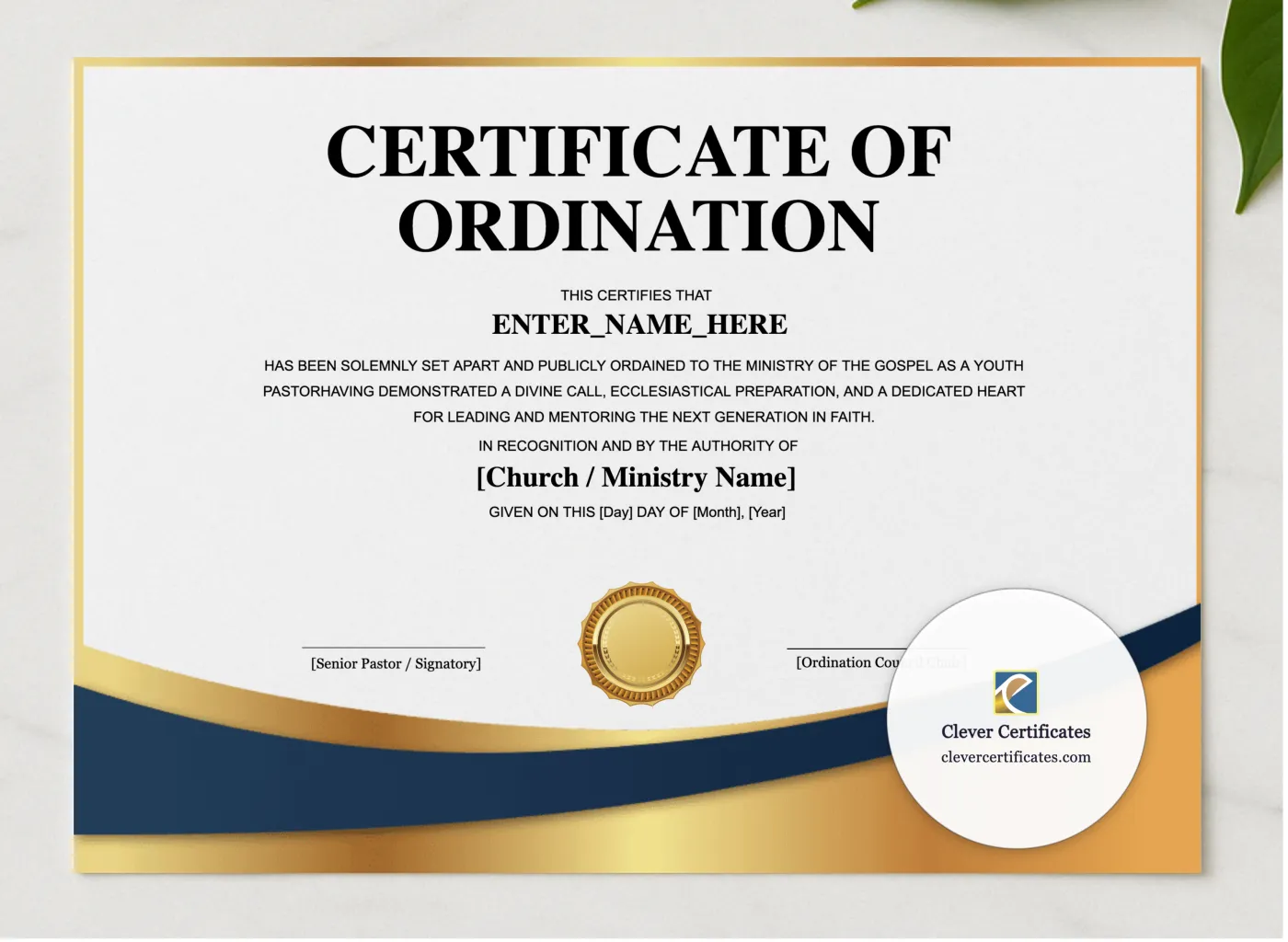 Youth Pastor Ordination Certificate Landscape presented in a sleek wooden frame, elegantly arranged on a stylish table.
